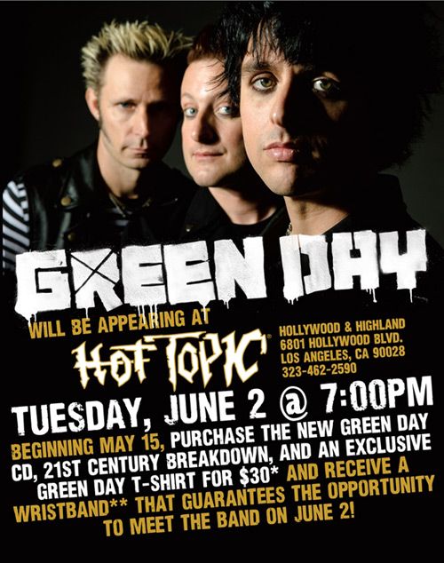 Green Day @ Hot Topic.  Promotional Photo: Warner Bros. & Hot Topic