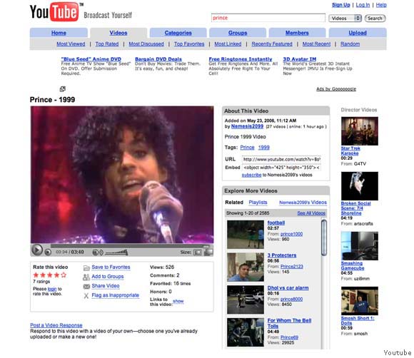 Prince on YouTube.  Photo: SFgate.com