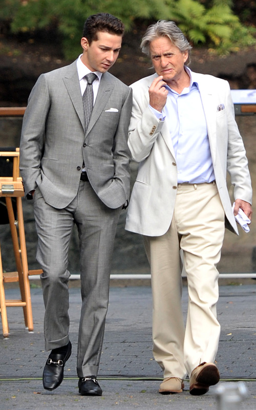 Shia LeBeouf & Michael Douglas On The Set Of Wall Street 2.  Photo: SplashNewsOnline.com