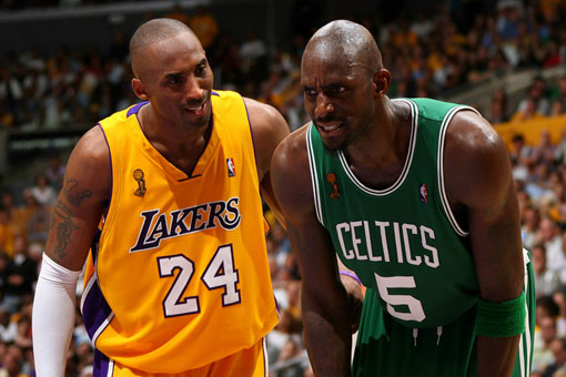 Kobe Bryant & Kevin Garnett.  Photo:  Jesse D. Garrabrant/NBAE/Getty Images